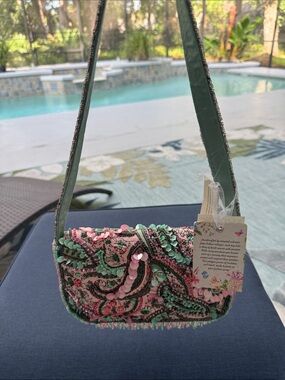 Embellished Pink & Mint Beaded Wristlet Clutch